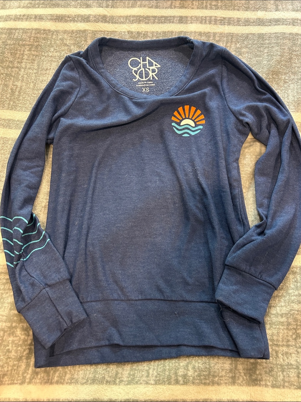 Chaser Navy Pullover with Orange Sunrise and Teal Wave Graphic